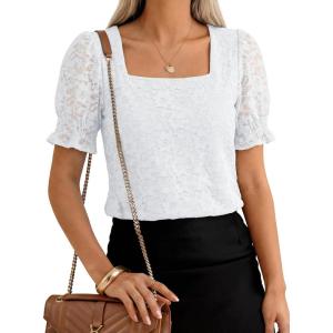 imageANRABESS Womens Dressy Casual Blouses 2026 Summer Work Shirts Lace Square Neck Puff Sleeve Tee Tops Spring Fashion ClothesWhite