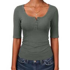 imageANRABESS Womens Half Sleeve Tops Summer Slim Fitted Henley Shirts 2026 Spring Basic Tees Dressy Casual Blouses Cute T ShirtArmy Green