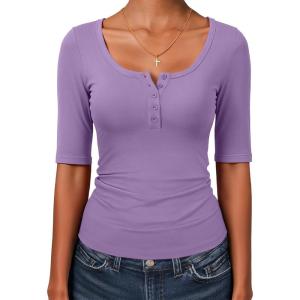 imageANRABESS Womens Half Sleeve Tops Summer Slim Fitted Henley Shirts 2026 Spring Basic Tees Dressy Casual Blouses Cute T ShirtBright Purple