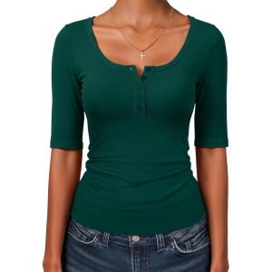 imageANRABESS Womens Half Sleeve Tops Summer Slim Fitted Henley Shirts 2026 Spring Basic Tees Dressy Casual Blouses Cute T ShirtForest Green