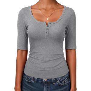 imageANRABESS Womens Half Sleeve Tops Summer Slim Fitted Henley Shirts 2026 Spring Basic Tees Dressy Casual Blouses Cute T ShirtGrey