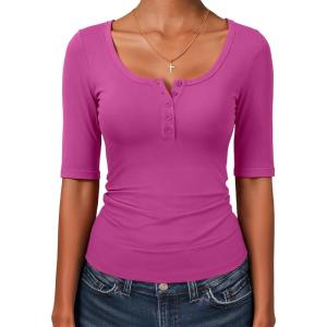imageANRABESS Womens Half Sleeve Tops Summer Slim Fitted Henley Shirts 2026 Spring Basic Tees Dressy Casual Blouses Cute T ShirtHot Pink