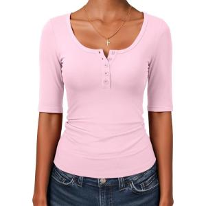 imageANRABESS Womens Half Sleeve Tops Summer Slim Fitted Henley Shirts 2026 Spring Basic Tees Dressy Casual Blouses Cute T ShirtLight Pink