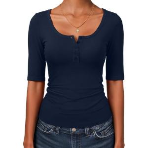 imageANRABESS Womens Half Sleeve Tops Summer Slim Fitted Henley Shirts 2026 Spring Basic Tees Dressy Casual Blouses Cute T ShirtNavy Blue