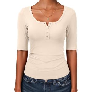 imageANRABESS Womens Half Sleeve Tops Summer Slim Fitted Henley Shirts 2026 Spring Basic Tees Dressy Casual Blouses Cute T ShirtParchment