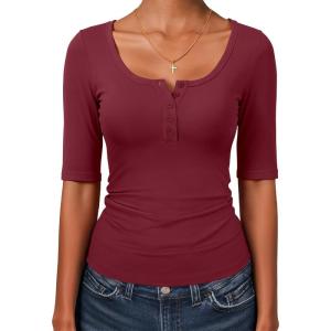 imageANRABESS Womens Half Sleeve Tops Summer Slim Fitted Henley Shirts 2026 Spring Basic Tees Dressy Casual Blouses Cute T ShirtRed