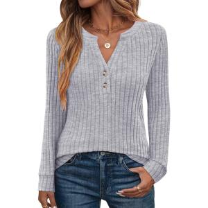 imageANRABESS Womens Henley Shirts Long Sleeve Tunic Tops 2025 Fall Fashion Outfits Ribbed Knit Sweaters Ladies Casual ClothesGrey