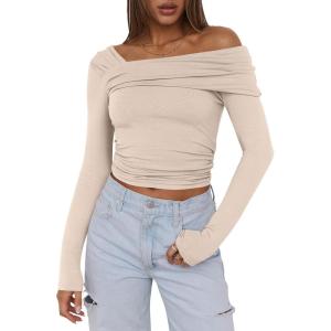 imageANRABESS Womens One Off Shoulder Shirts Long Sleeve Slim Fitted Going Out Crop Tops 2025 Fall Outfits Y2K ClothesAlmond