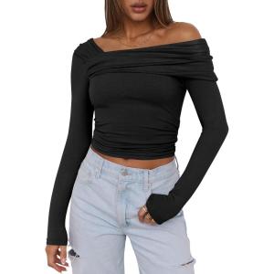 imageANRABESS Womens One Off Shoulder Shirts Long Sleeve Slim Fitted Going Out Crop Tops 2025 Fall Outfits Y2K ClothesBlack