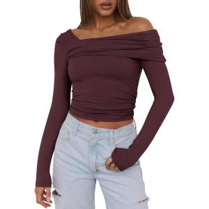 imageANRABESS Womens One Off Shoulder Shirts Long Sleeve Slim Fitted Going Out Crop Tops 2025 Fall Outfits Y2K ClothesBurgundy