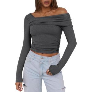 imageANRABESS Womens One Off Shoulder Shirts Long Sleeve Slim Fitted Going Out Crop Tops 2025 Fall Outfits Y2K ClothesDeep Grey