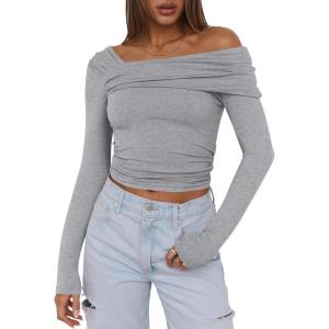 imageANRABESS Womens One Off Shoulder Shirts Long Sleeve Slim Fitted Going Out Crop Tops 2025 Fall Outfits Y2K ClothesGrey