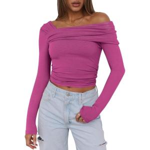 imageANRABESS Womens One Off Shoulder Shirts Long Sleeve Slim Fitted Going Out Crop Tops 2025 Fall Outfits Y2K ClothesHot Pink