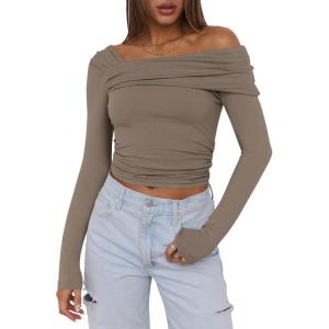 imageANRABESS Womens One Off Shoulder Shirts Long Sleeve Slim Fitted Going Out Crop Tops 2025 Fall Outfits Y2K ClothesKhaki