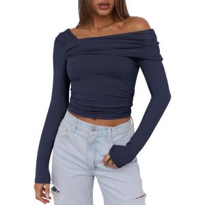 imageANRABESS Womens One Off Shoulder Shirts Long Sleeve Slim Fitted Going Out Crop Tops 2025 Fall Outfits Y2K ClothesNavy Blue
