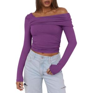 imageANRABESS Womens One Off Shoulder Shirts Long Sleeve Slim Fitted Going Out Crop Tops 2025 Fall Outfits Y2K ClothesPurple
