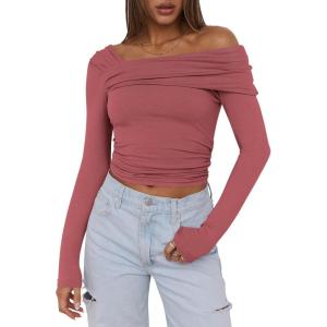 imageANRABESS Womens One Off Shoulder Shirts Long Sleeve Slim Fitted Going Out Crop Tops 2025 Fall Outfits Y2K ClothesRed
