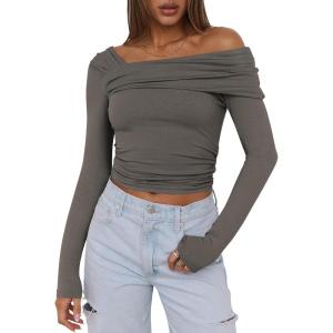 imageANRABESS Womens One Off Shoulder Shirts Long Sleeve Slim Fitted Going Out Crop Tops 2025 Fall Outfits Y2K ClothesSilver