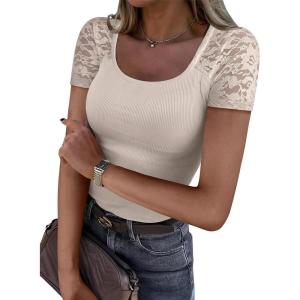 imageANRABESS Womens Short Sleeve Shirts Scoop Neck Lace Going Out Tops Slim Fit Rib Knit Casual Tee 2026 Summer Fashion OutfitsApricot