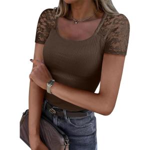 imageANRABESS Womens Short Sleeve Shirts Scoop Neck Lace Going Out Tops Slim Fit Rib Knit Casual Tee 2026 Summer Fashion OutfitsCoffee