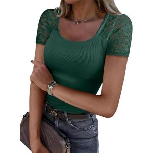 imageANRABESS Womens Short Sleeve Shirts Scoop Neck Lace Going Out Tops Slim Fit Rib Knit Casual Tee 2026 Summer Fashion OutfitsDeep Green