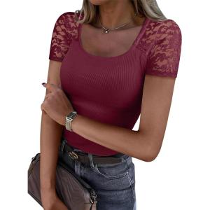 imageANRABESS Womens Short Sleeve Shirts Scoop Neck Lace Going Out Tops Slim Fit Rib Knit Casual Tee 2026 Summer Fashion OutfitsDeep Red