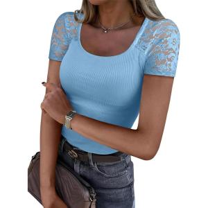 imageANRABESS Womens Short Sleeve Shirts Scoop Neck Lace Going Out Tops Slim Fit Rib Knit Casual Tee 2026 Summer Fashion OutfitsSky Blue