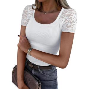imageANRABESS Womens Short Sleeve Shirts Scoop Neck Lace Going Out Tops Slim Fit Rib Knit Casual Tee 2026 Summer Fashion OutfitsWhite