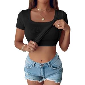 imageANRABESS Womens Short Sleeve Tops Built in Bra Summer T Shirts Scoop Neck Ribbed Knit Fitted Basic Tee Casual Going Out TopBlack