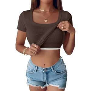 imageANRABESS Womens Short Sleeve Tops Built in Bra Summer T Shirts Scoop Neck Ribbed Knit Fitted Basic Tee Casual Going Out TopBrown