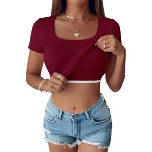 imageANRABESS Womens Short Sleeve Tops Built in Bra Summer T Shirts Scoop Neck Ribbed Knit Fitted Basic Tee Casual Going Out TopDeep Red