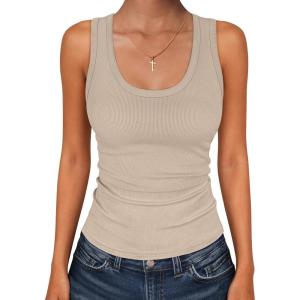 imageANRABESS Womens Sleeveless Scoop Neck Tank Tops 2026 Summer Casual Basic Slim Fit Ribbed Knit Racerback Workout Cami ShirtsKhaki