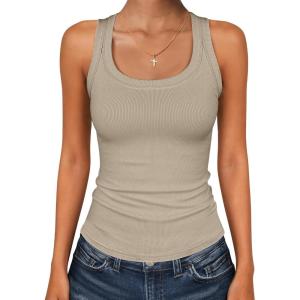 imageANRABESS Womens Sleeveless Square Neck Tank Tops Summer Racerback Workout Top Ribbed Knit Slim Fit Basic 2026 Casual ClothesLight Khaki