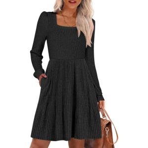 imageANRABESS Womens Square Neck Long Sleeve Fall Dress Casual Ribbed Knit Soft 2026 Trendy Short Sweater Dresses with PocketsBlack