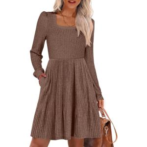 imageANRABESS Womens Square Neck Long Sleeve Fall Dress Casual Ribbed Knit Soft 2026 Trendy Short Sweater Dresses with PocketsBrown