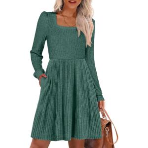 imageANRABESS Womens Square Neck Long Sleeve Fall Dress Casual Ribbed Knit Soft 2026 Trendy Short Sweater Dresses with PocketsGreen