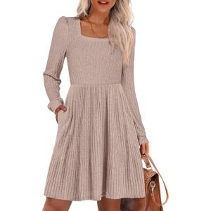 imageANRABESS Womens Square Neck Long Sleeve Fall Dress Casual Ribbed Knit Soft 2026 Trendy Short Sweater Dresses with PocketsTan