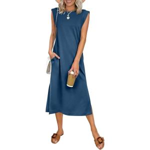 imageANRABESS Womens Summer Casual Midi Dress Sleeveless Crewneck Loose Split WrinkleFree Beach Travel Vacation Long SundressDeep Blue