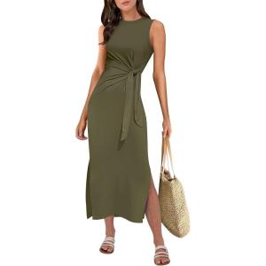 imageANRABESS Womens Summer Casual Sleeveless T Shirt Midi Dress Slim Fit Tie Waist Split Tank Long Dresses 2026 Vacation SundressArmy Green