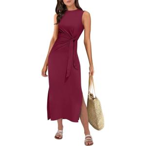imageANRABESS Womens Summer Casual Sleeveless T Shirt Midi Dress Slim Fit Tie Waist Split Tank Long Dresses 2026 Vacation SundressBurgundy