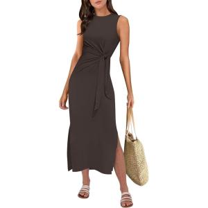 imageANRABESS Womens Summer Casual Sleeveless T Shirt Midi Dress Slim Fit Tie Waist Split Tank Long Dresses 2026 Vacation SundressCoffee