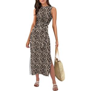 imageANRABESS Womens Summer Casual Sleeveless T Shirt Midi Dress Slim Fit Tie Waist Split Tank Long Dresses 2026 Vacation SundressLeopard Print