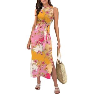 imageANRABESS Womens Summer Casual Sleeveless T Shirt Midi Dress Slim Fit Tie Waist Split Tank Long Dresses 2026 Vacation SundressPink Yellow Floral