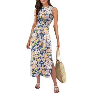imageANRABESS Womens Summer Casual Sleeveless T Shirt Midi Dress Slim Fit Tie Waist Split Tank Long Dresses 2026 Vacation SundressPrint Blue Floral