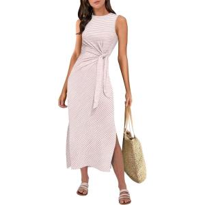 imageANRABESS Womens Summer Casual Sleeveless T Shirt Midi Dress Slim Fit Tie Waist Split Tank Long Dresses 2026 Vacation SundressStriped Pink