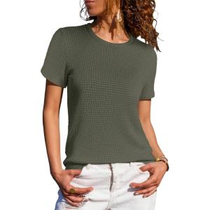 imageANRABESS Womens Summer Waffle Knit Tops Crew Neck Short Sleeve Casual Trendy Shirts Basic Tee Blouses 2026 Spring OutfitsArmy Green