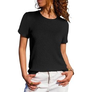 imageANRABESS Womens Summer Waffle Knit Tops Crew Neck Short Sleeve Casual Trendy Shirts Basic Tee Blouses 2026 Spring OutfitsBlack