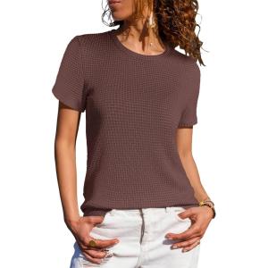 imageANRABESS Womens Summer Waffle Knit Tops Crew Neck Short Sleeve Casual Trendy Shirts Basic Tee Blouses 2026 Spring OutfitsBrown