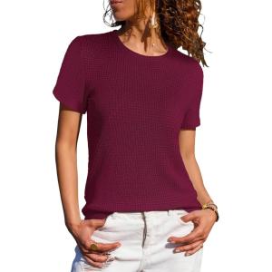 imageANRABESS Womens Summer Waffle Knit Tops Crew Neck Short Sleeve Casual Trendy Shirts Basic Tee Blouses 2026 Spring OutfitsDark Fuchsia