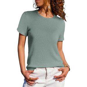 imageANRABESS Womens Summer Waffle Knit Tops Crew Neck Short Sleeve Casual Trendy Shirts Basic Tee Blouses 2026 Spring OutfitsLight Green